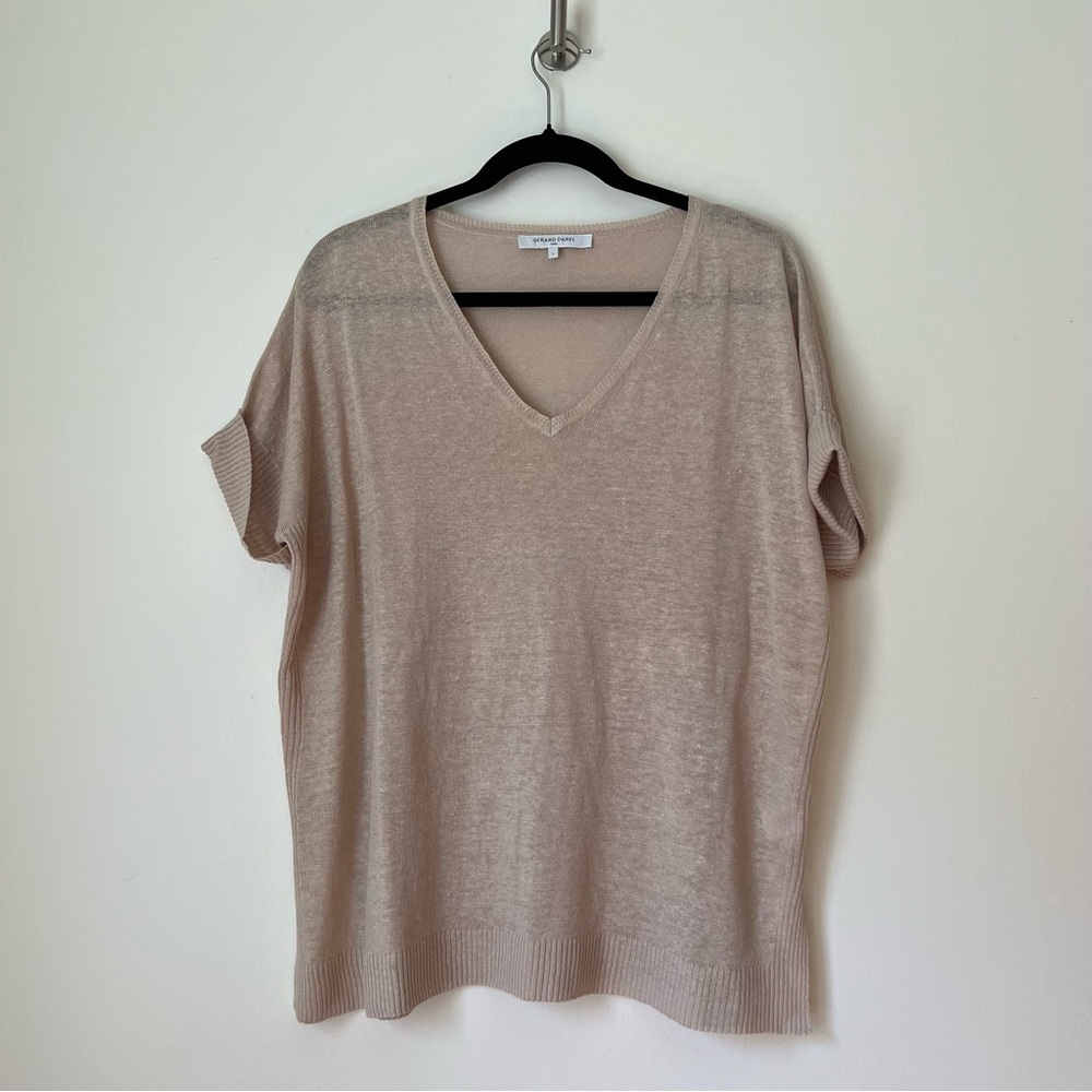 Gerard Darel Loose Linen Oversized Beige V-neck Top Rolled Short Sleeve, S